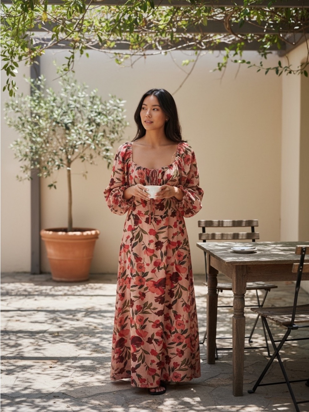Floral Puff-Sleeve Maxi Dress in Rose